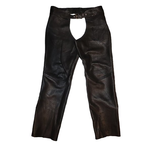 Vintage Black Genuine Leather Motorcycle Riding Chaps Heavy Leather Halloween - Picture 2 of 11